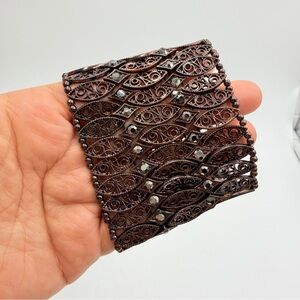 Wide Brown Filigree Stretch Bracelet Rhinestone Statement Cuff